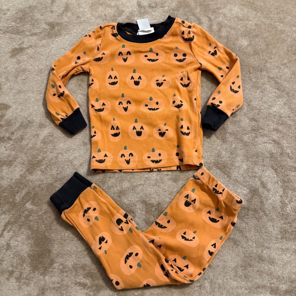 Pottery Barn Kids Pumpkin Organic Cotton Pajama Set Orange Black Toddler 2T
